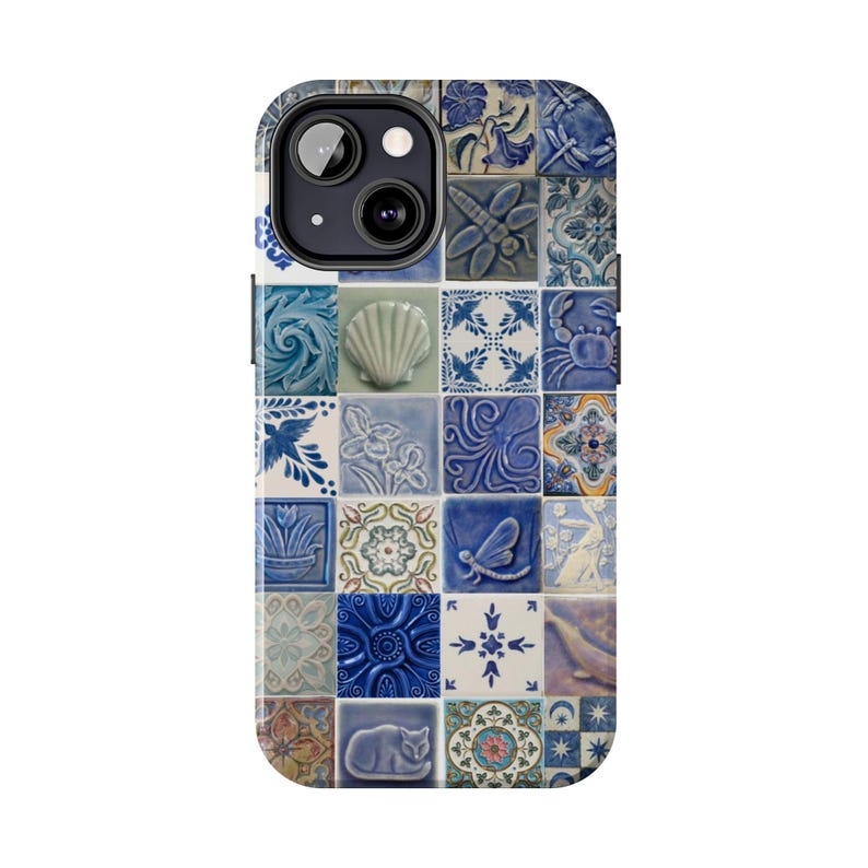 May include: A phone case featuring a mosaic tile design in shades of blue and white. The tiles showcase various patterns, including flowers, seashells, and insects. The case has a glossy finish and a camera cutout.