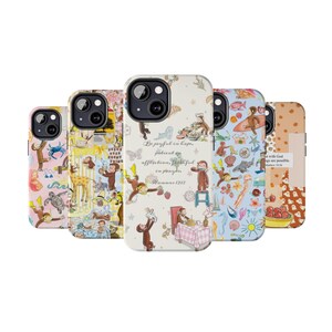 May include: Five smartphone cases featuring Curious George illustrations and various patterns. The center case displays the text Be joyful in hope, patient in affliction, faithful in prayer. Romans 12:12. The designs include animals, food, and nature motifs.
