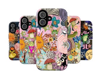 Whimsical Psychedelic Phone Case, Featuring Trippy Sun For iPhone Samsung, Weirdcore Frog, Mushrooms, Dancing Animals, Funky Vibes, Gifts