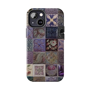 May include: A phone case featuring a mosaic tile design. The case is covered in small, square tiles with various embossed patterns and colors, including blue, purple, green, and brown. The design includes floral, geometric, and nature-inspired motifs.