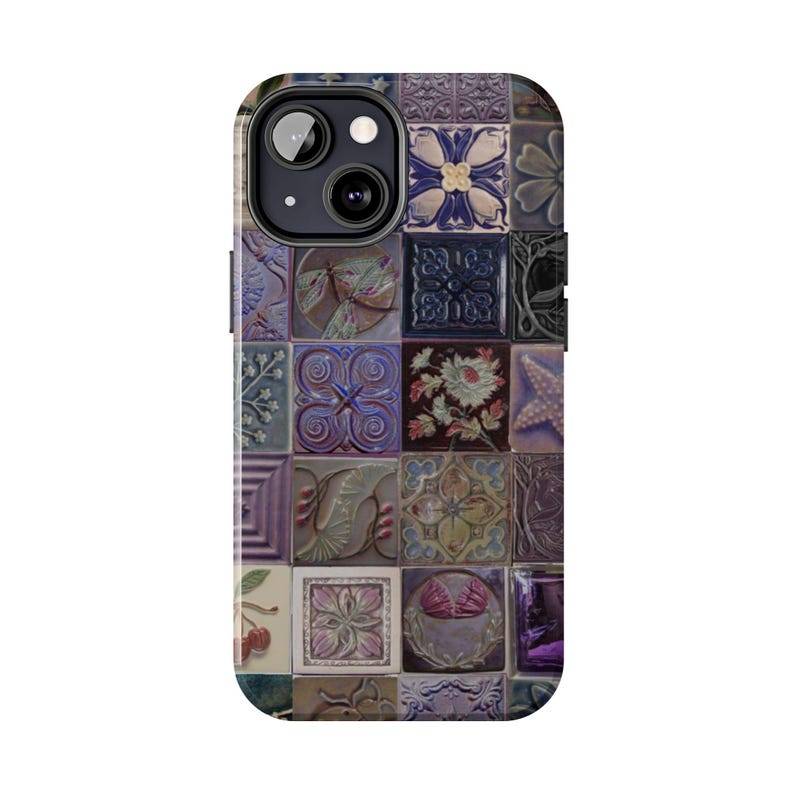 May include: A phone case featuring a mosaic tile design. The case is covered in small, square tiles with various embossed patterns and colors, including blue, purple, green, and brown. The design includes floral, geometric, and nature-inspired motifs.