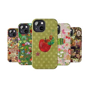 May include: Five phone cases with vibrant, playful designs. One case shows a red apple and a green caterpillar, another has a green background with insects, and others feature patchwork patterns in various colours.