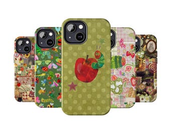Caterpillar Apple Twee Phone Cases, Patchwork Green Vintage Apples & Ladybugs For iPhone, Samsung, Book Art Cartoon Caterpillar, Shockproof