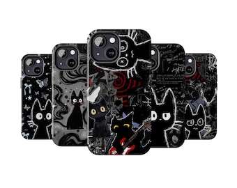 Dark Punk Black Cat Phone Case, Anime Creepy Art Aesthetic For iPhone, Samsung, Blue Bow Coquette, Gothic Accessories, Gift For Cat Lovers