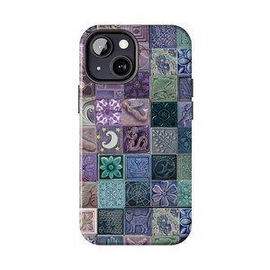 May include: A phone case featuring a mosaic tile design in shades of purple, blue, and green. The tiles display various patterns, including flowers, stars, and a cat. The case has a camera cutout and a glossy finish.