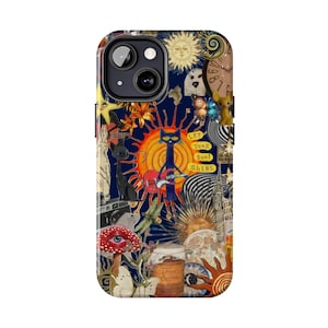 K&ouml;nnte beinhalten: Eine Handyh&uuml;lle mit einem Collage-Design mit einer schwarzen Katze, die vor einer Sonne Gitarre spielt, einem Pilz und dem Text "Let Your Soul Shine". Die H&uuml;lle hat einen dunkelblauen Hintergrund.