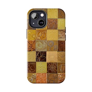 May include: A decorative phone case featuring a mosaic design with various embossed images. The squares are in shades of brown, yellow, and green, with images of a butterfly, sun, and a person's bust.