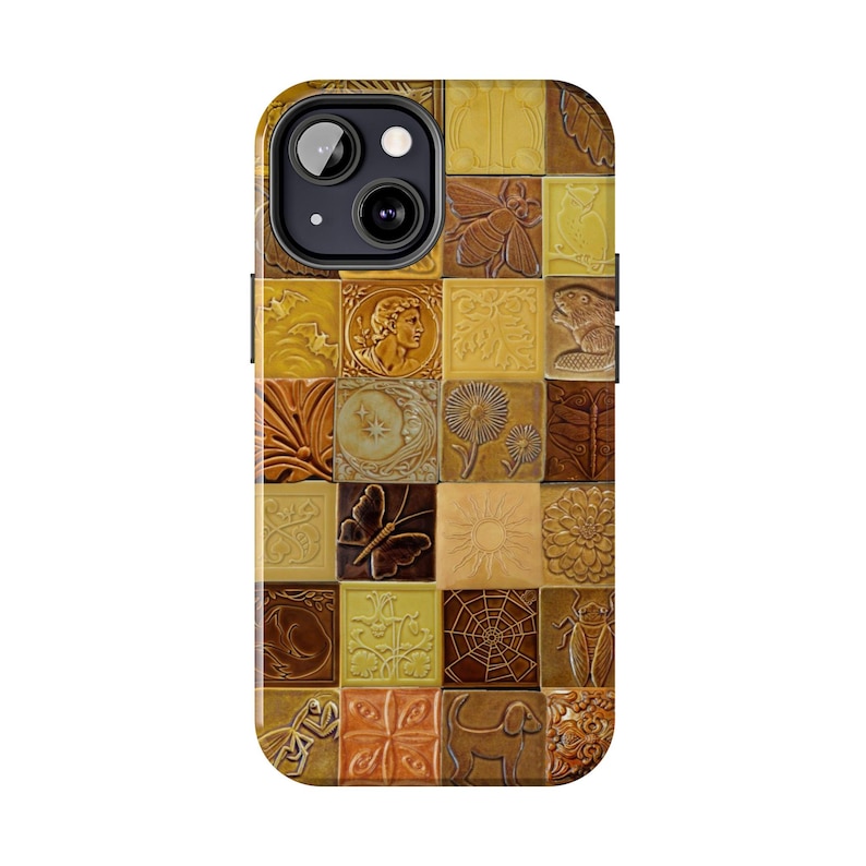 May include: A decorative phone case featuring a mosaic design with various embossed images. The squares are in shades of brown, yellow, and green, with images of a butterfly, sun, and a person's bust.