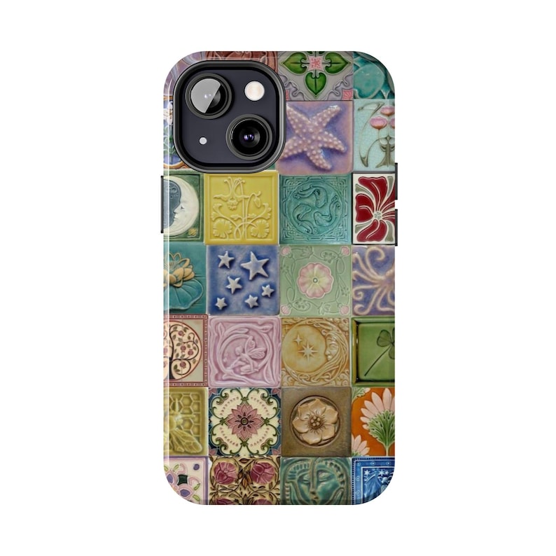 May include: A phone case featuring a mosaic design of various square tiles. The tiles display floral, celestial, and geometric patterns in shades of green, yellow, pink, and blue. A starfish, moon, and stars are among the designs.