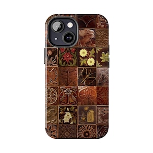 May include: A brown phone case with a repeating pattern of square tiles. Each tile features a different embossed design, including flowers, butterflies, and other nature-inspired motifs. The case has a camera cutout and a black frame.