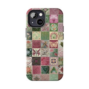 May include: A phone case featuring a mosaic design with various floral and insect motifs. The case has a square pattern with a mix of pink, green, and beige tiles. The design includes butterflies, dragonflies, and floral patterns.
