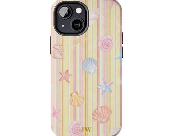 Personalized Soft and Vibrant Pastel Striped Coastal Summer Beachy Phone Case, Custom Ocean Shells For iPhone, Samsung, Watercolor Tropical