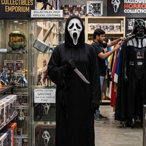 Disfraz clásico de Ghostface de terror estilo grito: conjunto completo de túnica y máscara de asesino