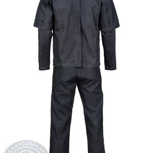 May include: A dark navy blue cosplay costume set, including a jacket with short sleeves and matching pants. The jacket has a high collar and the pants have a unique seam design. The GalaxyCosplayCo logo is visible at the bottom.