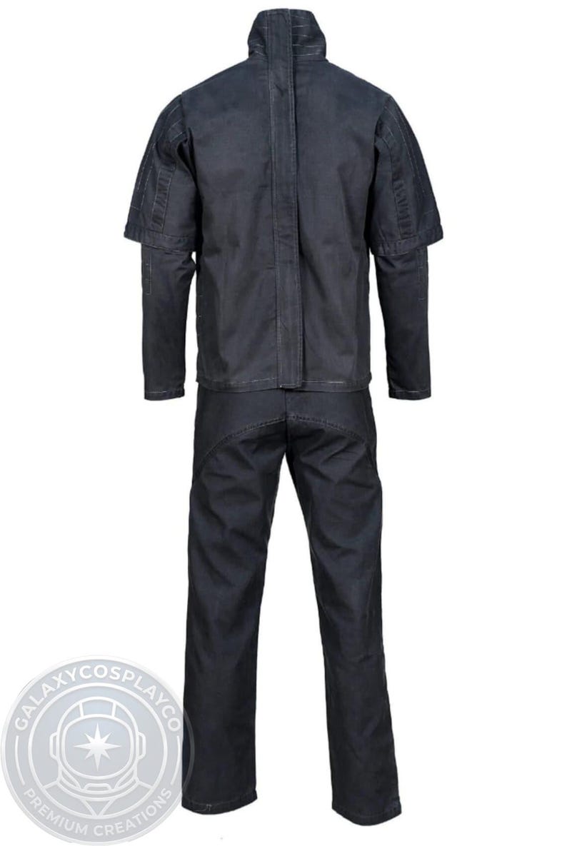 May include: A dark navy blue cosplay costume set, including a jacket with short sleeves and matching pants. The jacket has a high collar and the pants have a unique seam design. The GalaxyCosplayCo logo is visible at the bottom.