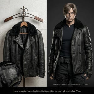 May include: A distressed black leather officer coat with a black fur collar. The coat is double-breasted with multiple buttons and a belt. The image also shows a close-up of the coat's label with a bee emblem. Text on the image reads: "High-Quality Reproduction. Designed for Cosplay & Everyday Wear."