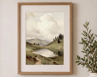 Countryside Mountain Wall Art Printable, Neutral Lake Landscape Printable, Digital Download