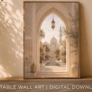 May include: Framed wall art featuring an arched doorway overlooking a Middle Eastern cityscape with a mosque and palm trees. The artwork has a warm color palette and includes the text "PRINTABLE WALL ART | DIGITAL DOWNLOAD".