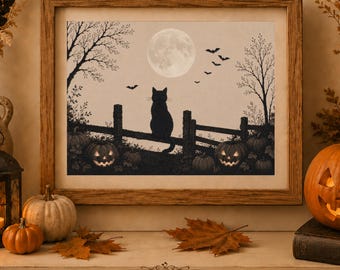 Halloween Black Cat Print, Full Moon Pumpkin Art, Vintage Spooky Fall Decor (Digital Download)