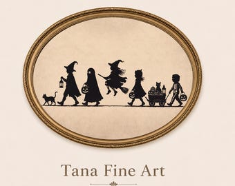 May include: An oval gold-toned frame containing a black silhouette illustration of children in Halloween costumes, including a ghost, a witch, and a skeleton, walking with a cat and a wagon of pumpkins. The text Tana Fine Art is below the frame.