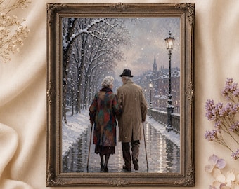 Elderly Couple Wall Art | Winter Love Print | Romantic City Printable Digital Download