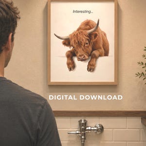 Funny Highland Cow Bathroom Wall Art Printable | Cow over Urinal | Digital Download
