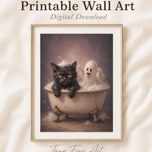May include: Printable wall art featuring a black cat and a ghost in a vintage bathtub filled with bubbles. The artwork is framed in a gold-colored frame and includes the text "Printable Wall Art Digital Download" and "Tana Fine Art".
