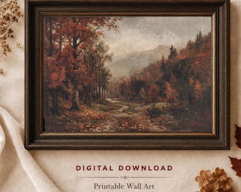 May include: A landscape painting in a dark brown frame featuring a forest path with autumn foliage in shades of red, orange, and brown. Text reads: Tana Fine Art, DIGITAL DOWNLOAD, Printable Wall Art, 5 Print Ratios Included, 300 DPI JPG Files.