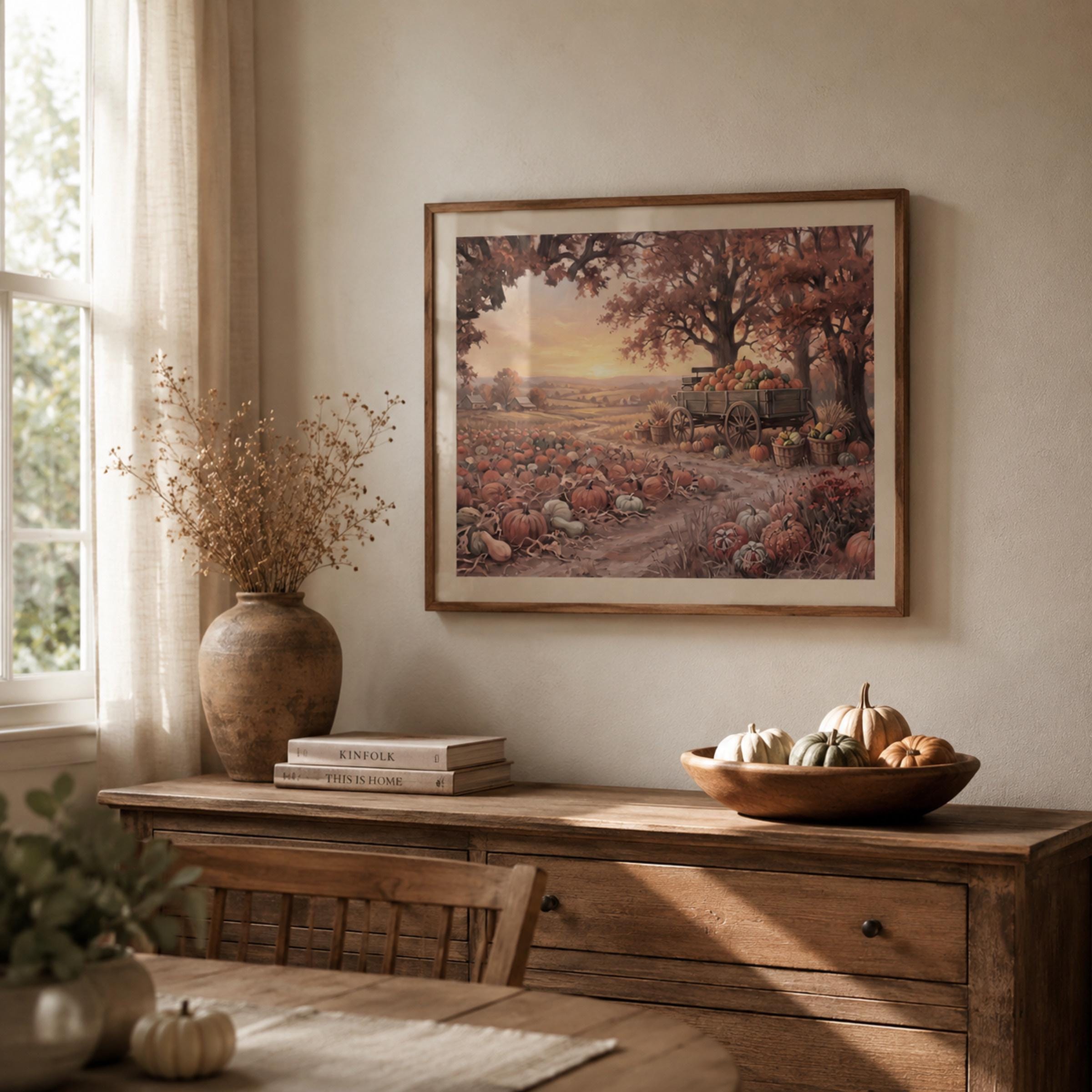 Pumpkin Patch Wall Art | Fall Farm Landscape Print | Rustic Printable Digital Download — image 2