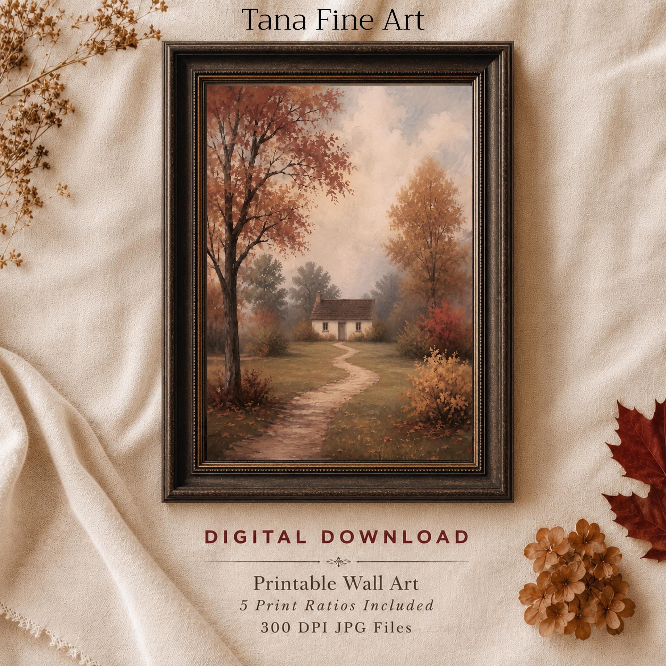 Autumn Cottage Wall Art | Fall Landscape Print | Vintage Farmhouse Digital Download