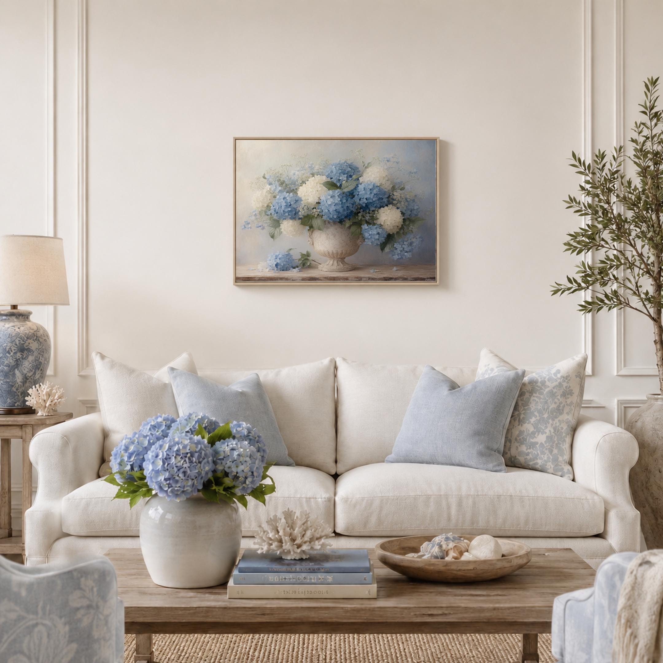 Neutral Floral Prints, Blue Hydrangea Aged French Stone Urn, Floral Vase Print (Digital Download) — image 3