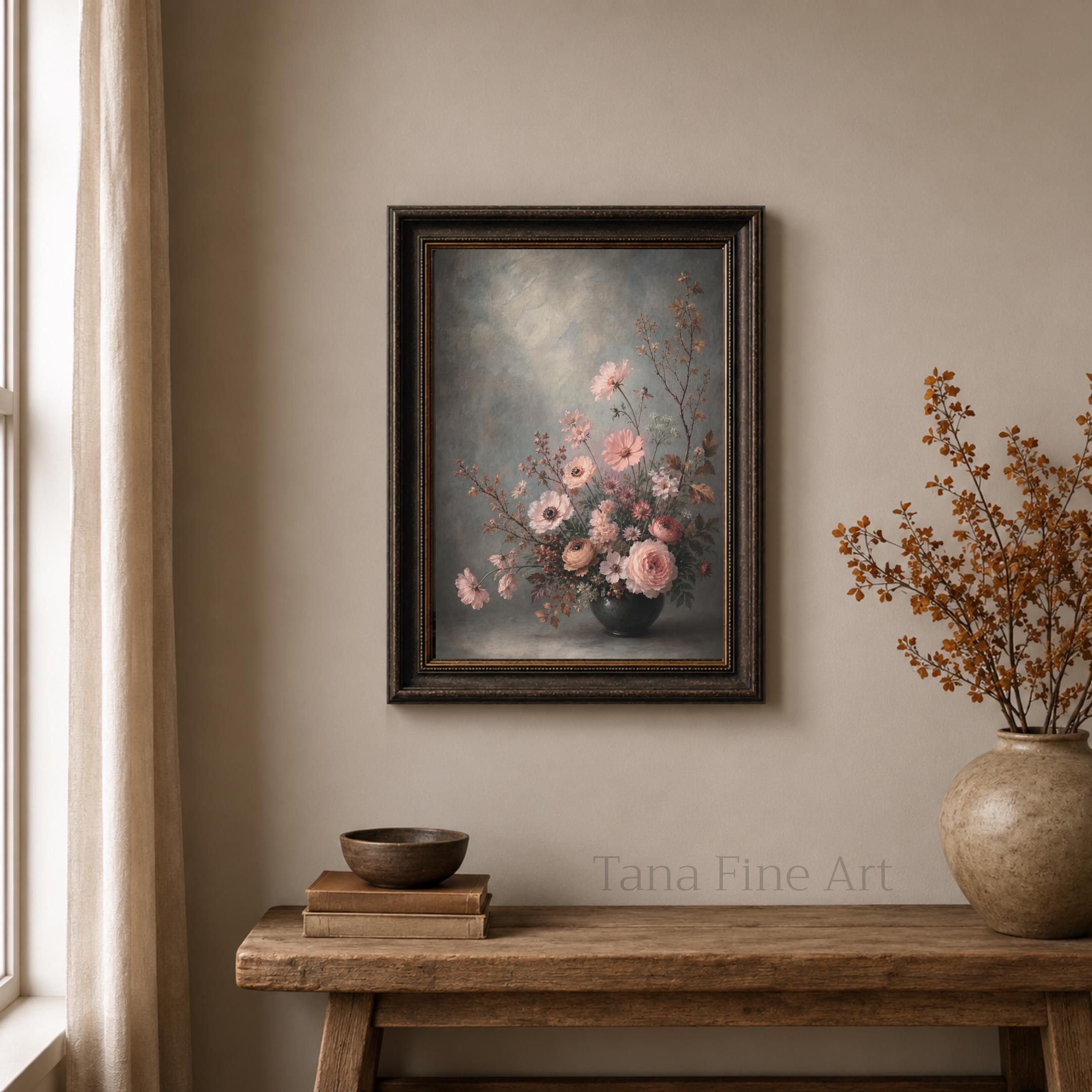 Moody Fall Floral Vase Printable Wall Art, Blush Botanical Dark Cottage Decor Digital Download — image 3
