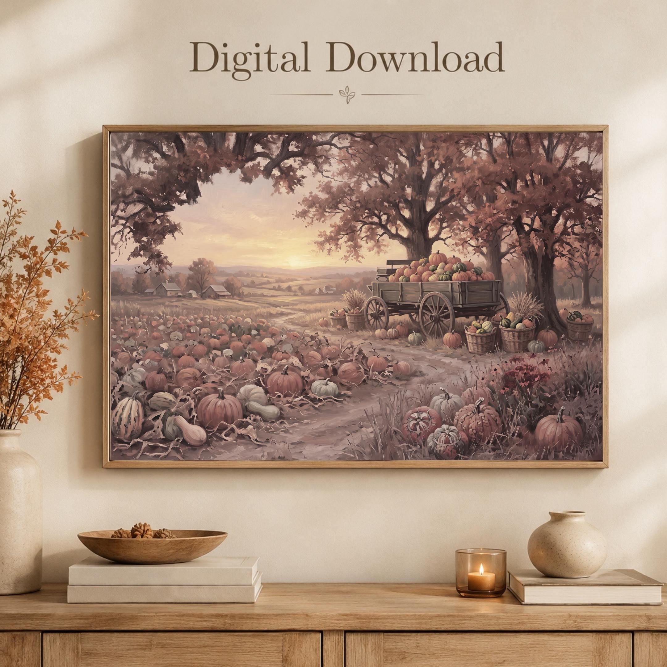 Pumpkin Patch Wall Art | Fall Farm Landscape Print | Rustic Printable Digital Download