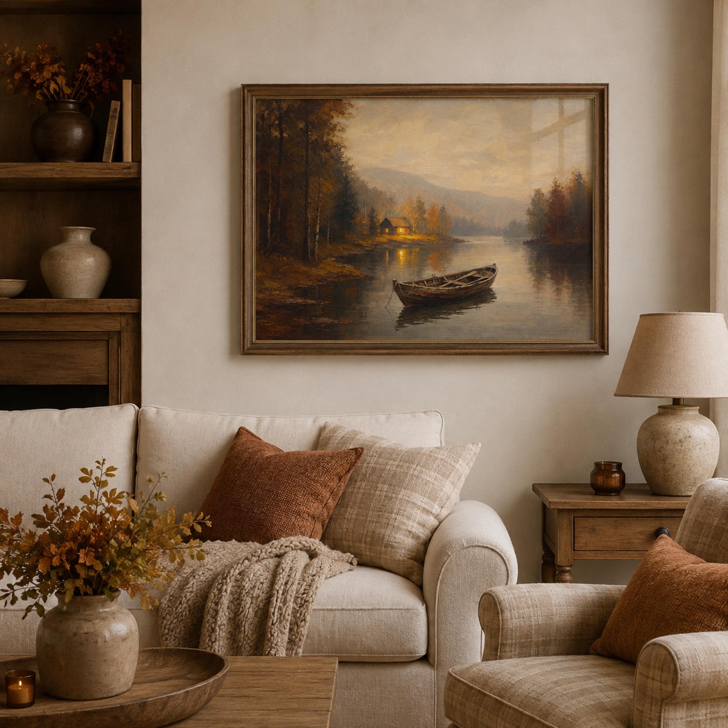 Fall Lake House Wall Art | Moody Vintage Boat Landscape Print | Rustic Printable Digital Download — image 3