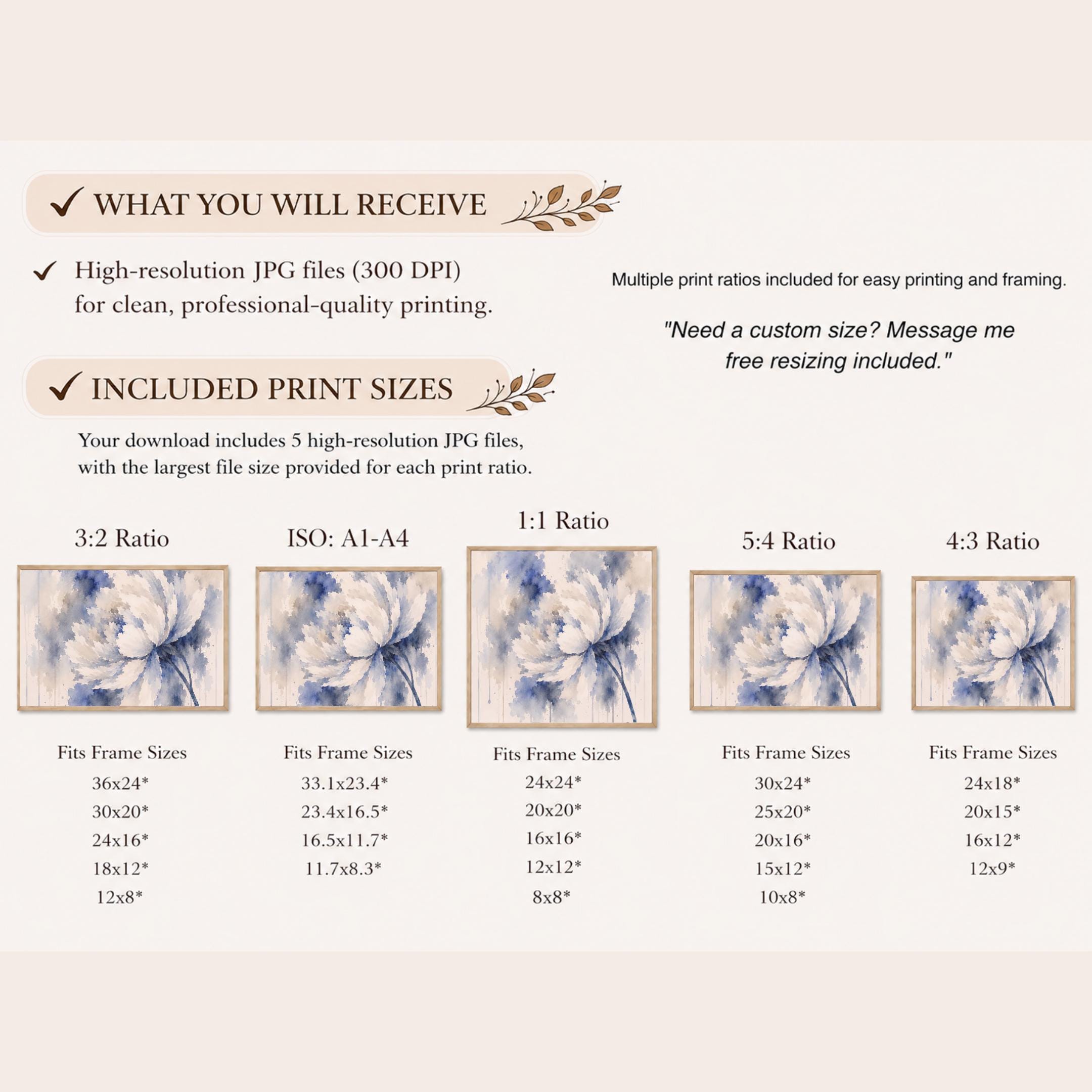 Watercolor Floral Wall Art Set of 2, Blue White Abstract Flower Prints (Digital Download) — image 8