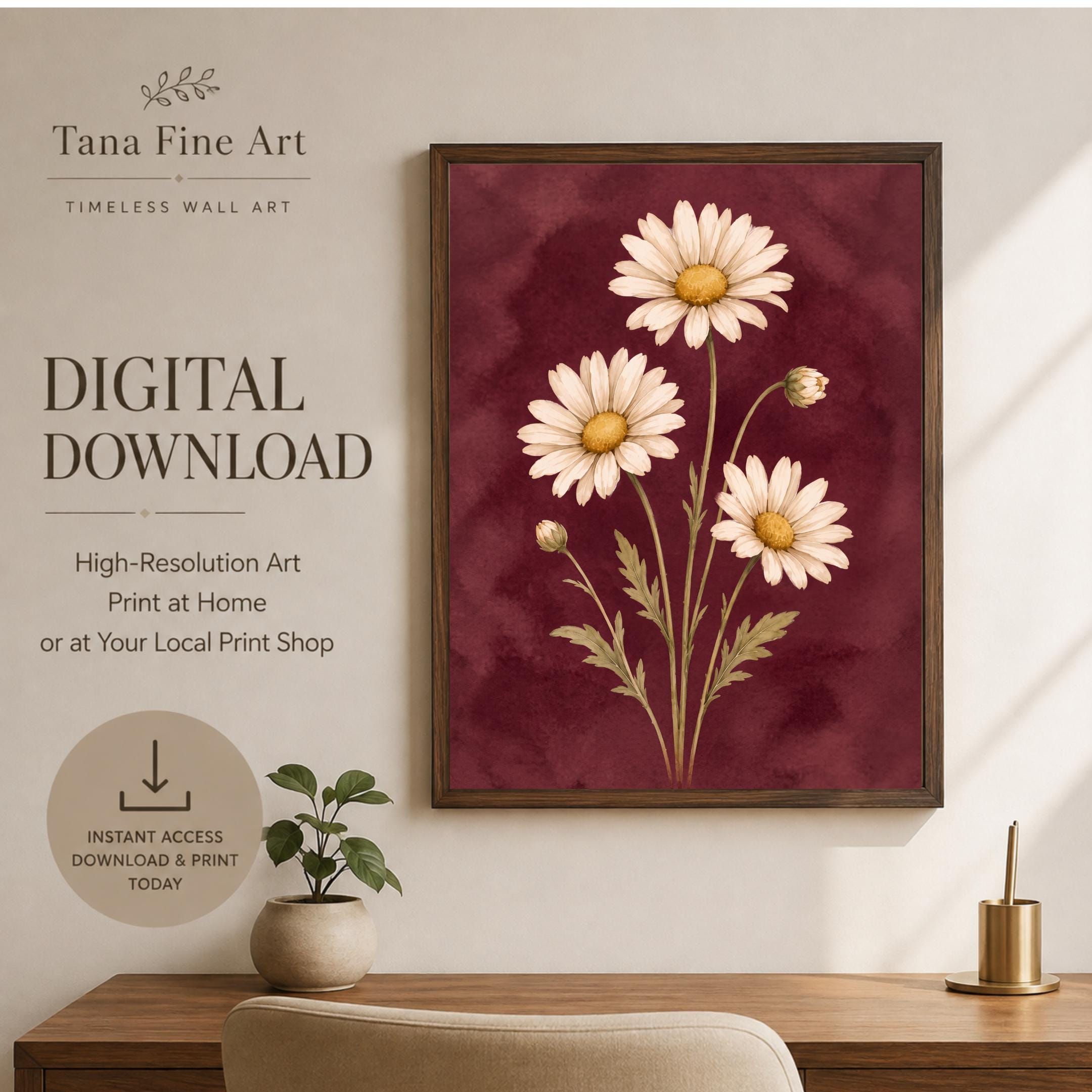 Moody April Birth Flower Print | Daisy Wall Art | Vintage Botanical Digital Download — image 4