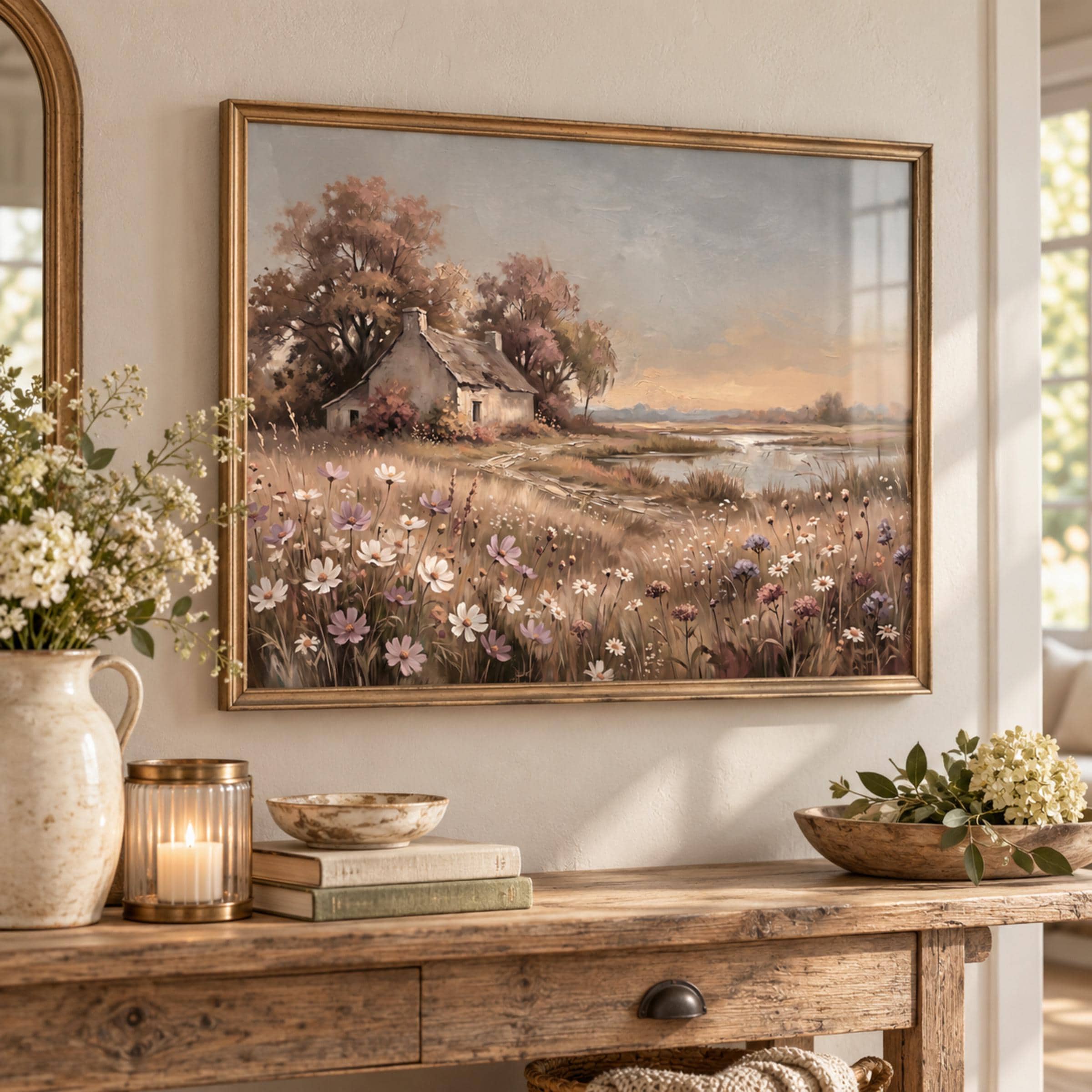 Autumn Cottage Landscape Printable Wall Art, Neutral Wildflower Meadow Rustic Home Decor Digital Download — image 4