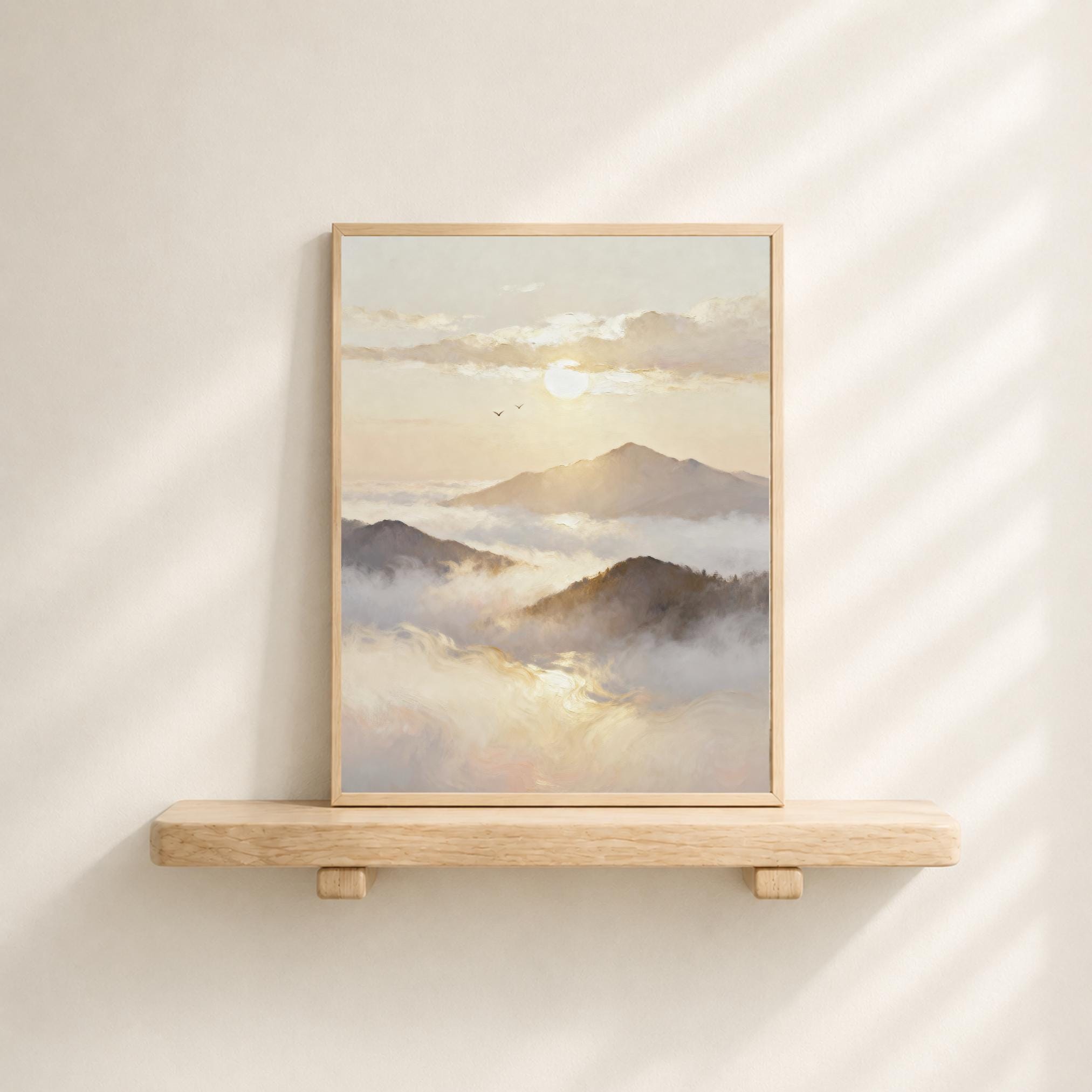 Sunset Mountain Printable Wall Art, Neutral Misty Landscape Painting, Serene Bedroom Decor Digital Download — image 7