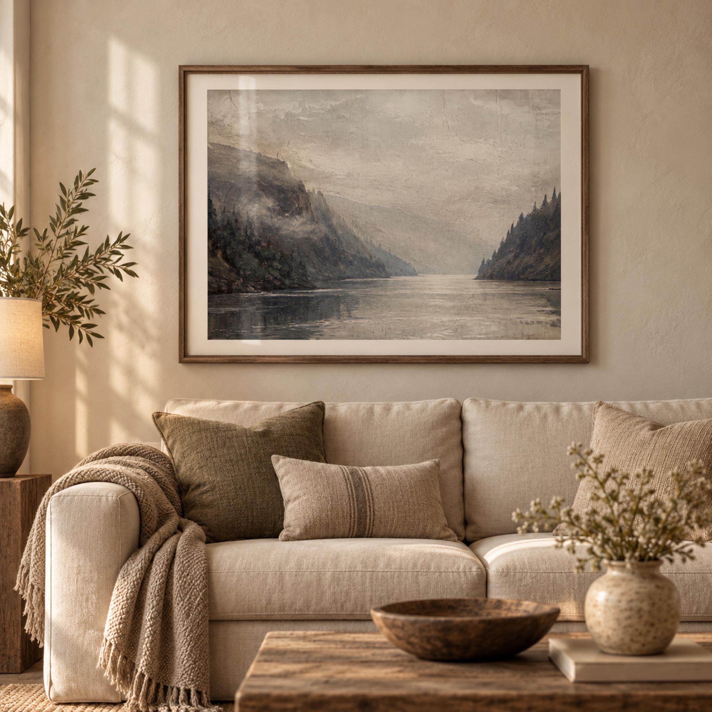 Misty Mountain Lake Printable Wall Art, Neutral Alpine Valley Landscape, Cabin Decor Digital Download — image 4