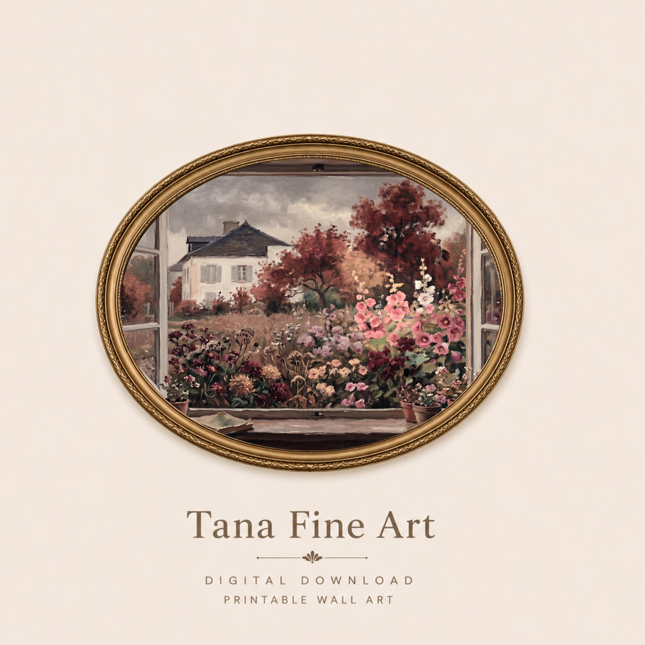 Autumn Cottage Window Wall Art, Moody Floral Garden Landscape, Rustic Fall Decor (Digital Download) — image 7