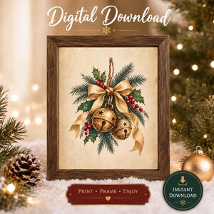 Christmas Bells Wall Art | Holiday Botanical Print | Vintage Christmas Digital Download