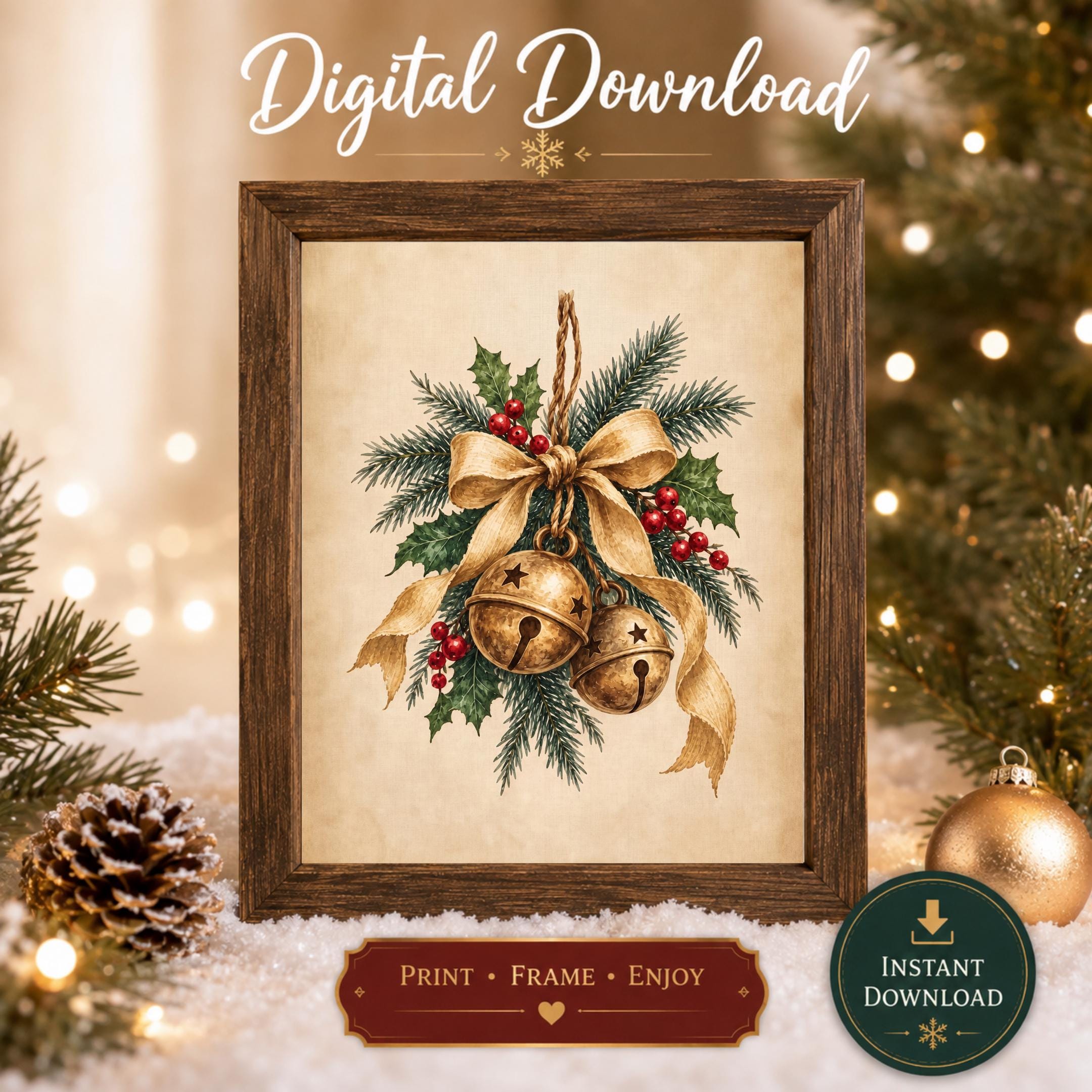 Golden Christmas Bells & Holly