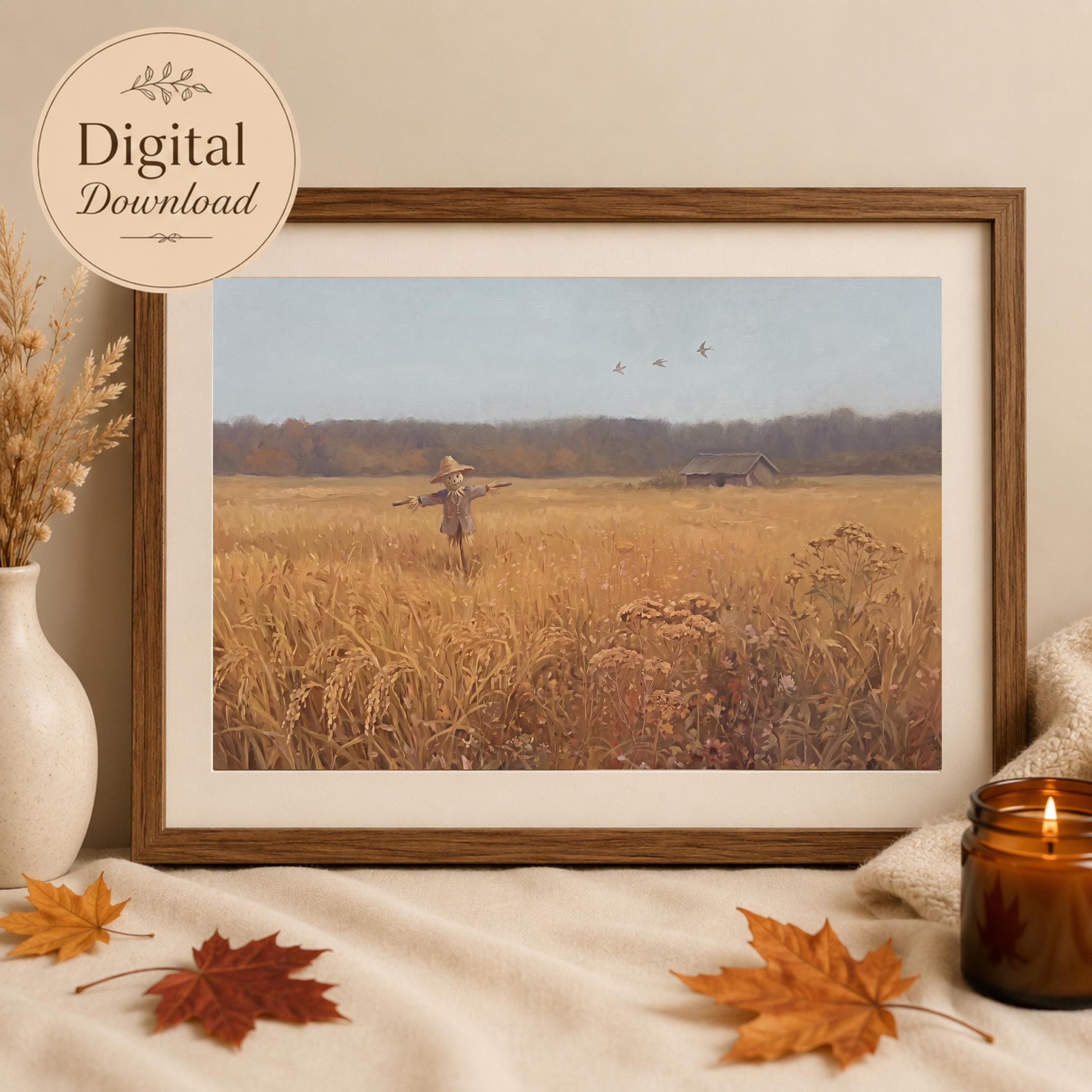 Fall Harvest Field Wall Art, Scarecrow Autumn Landscape Print, Rustic Farmhouse Decor (Digital Download)