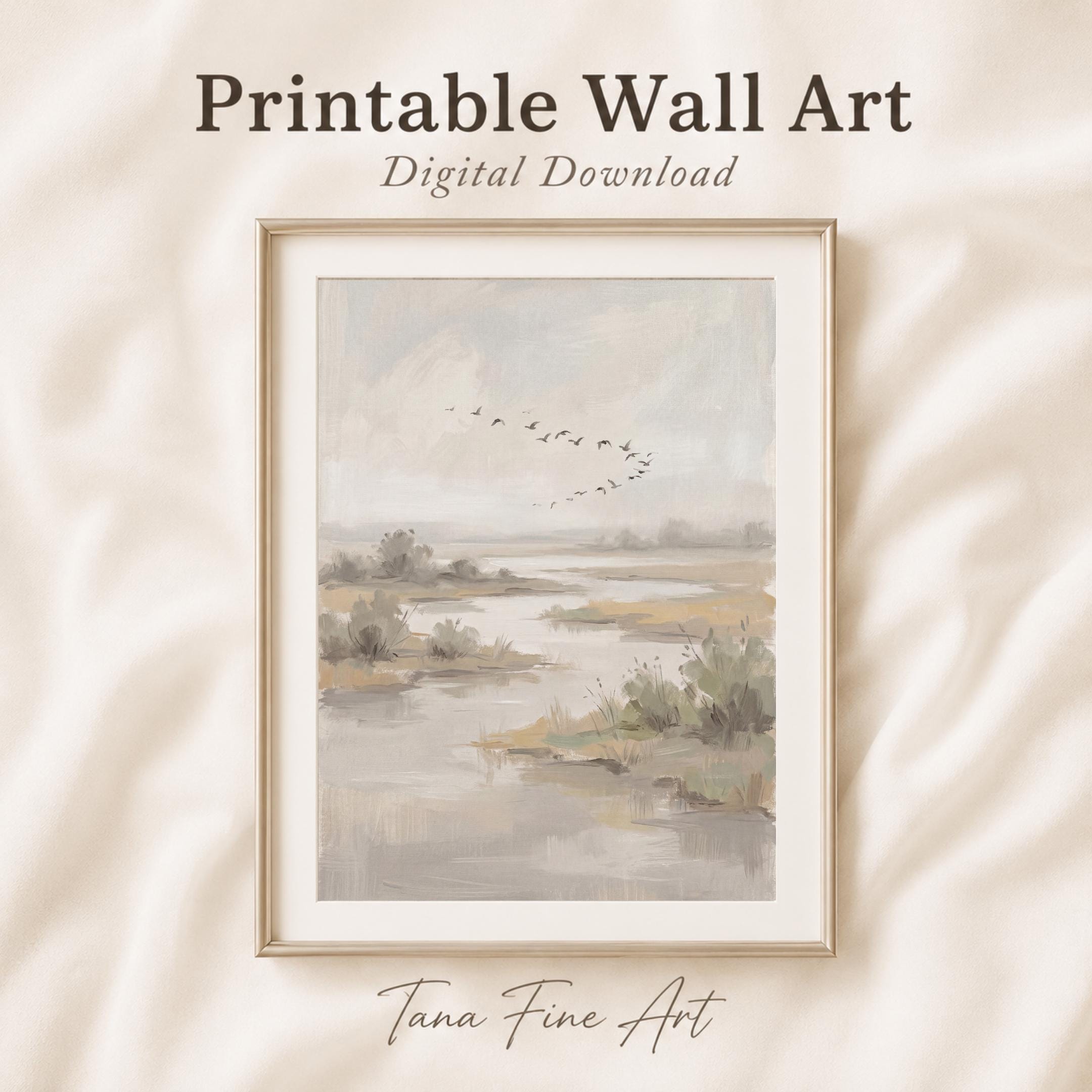 Countryside Lake Painting Printable | Flying Birds Marsh Landscape Print (Digital Download) — image 9