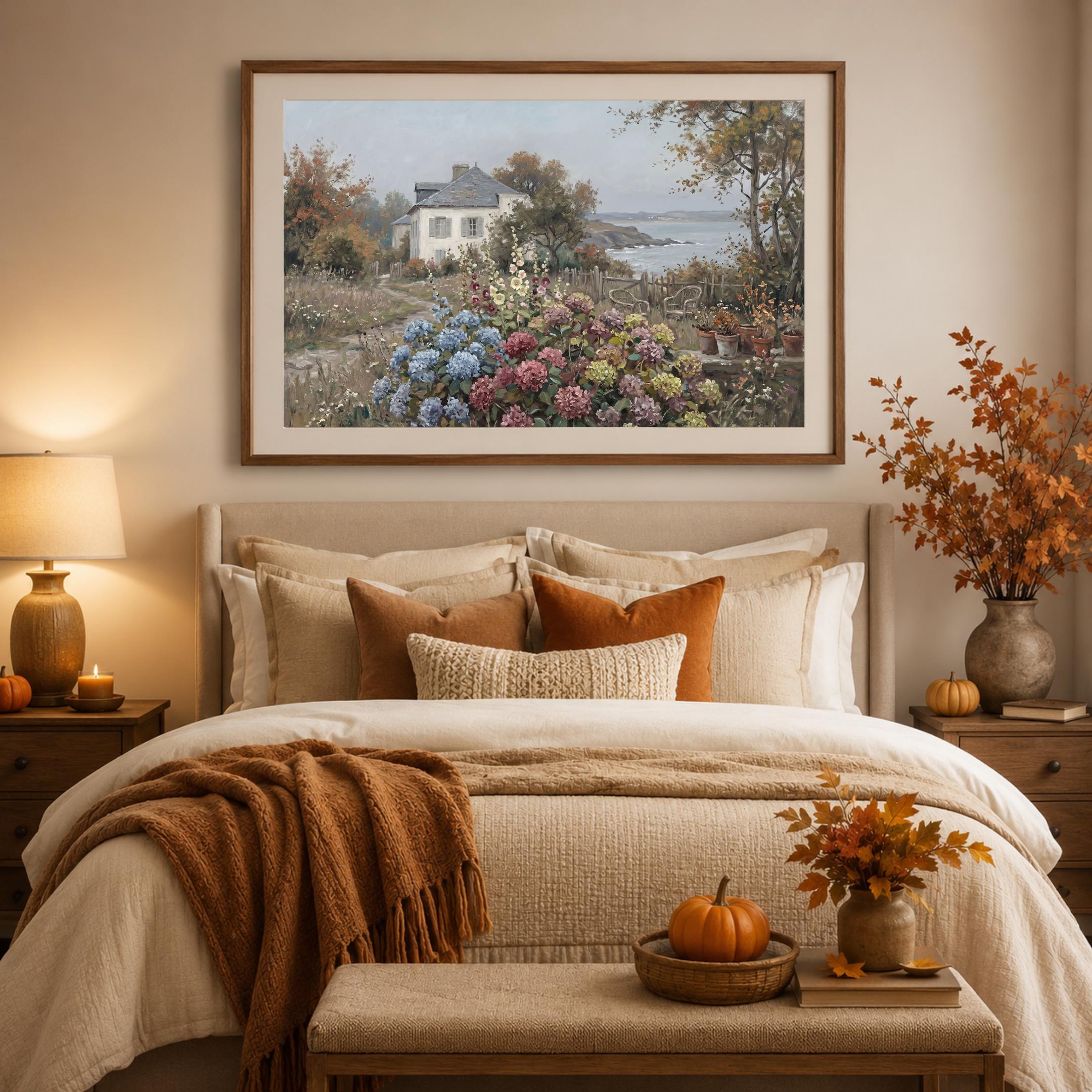 Coastal Cottage Garden Wall Art, Hydrangea Seaside Floral Landscape Print, Vintage Coastal (Digital Download) — image 8