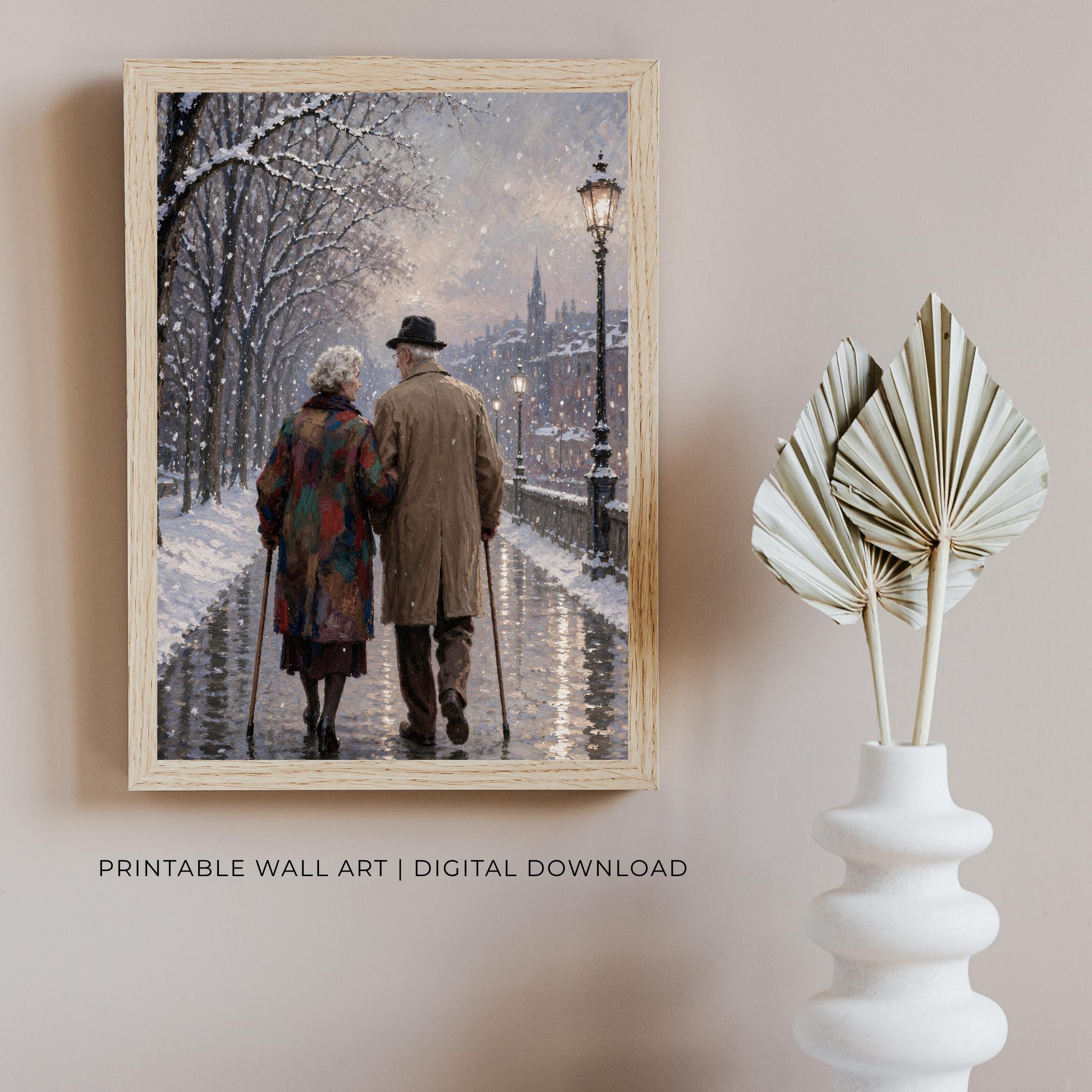 Elderly Couple Wall Art | Winter Love Print | Romantic City Printable Digital Download — image 6