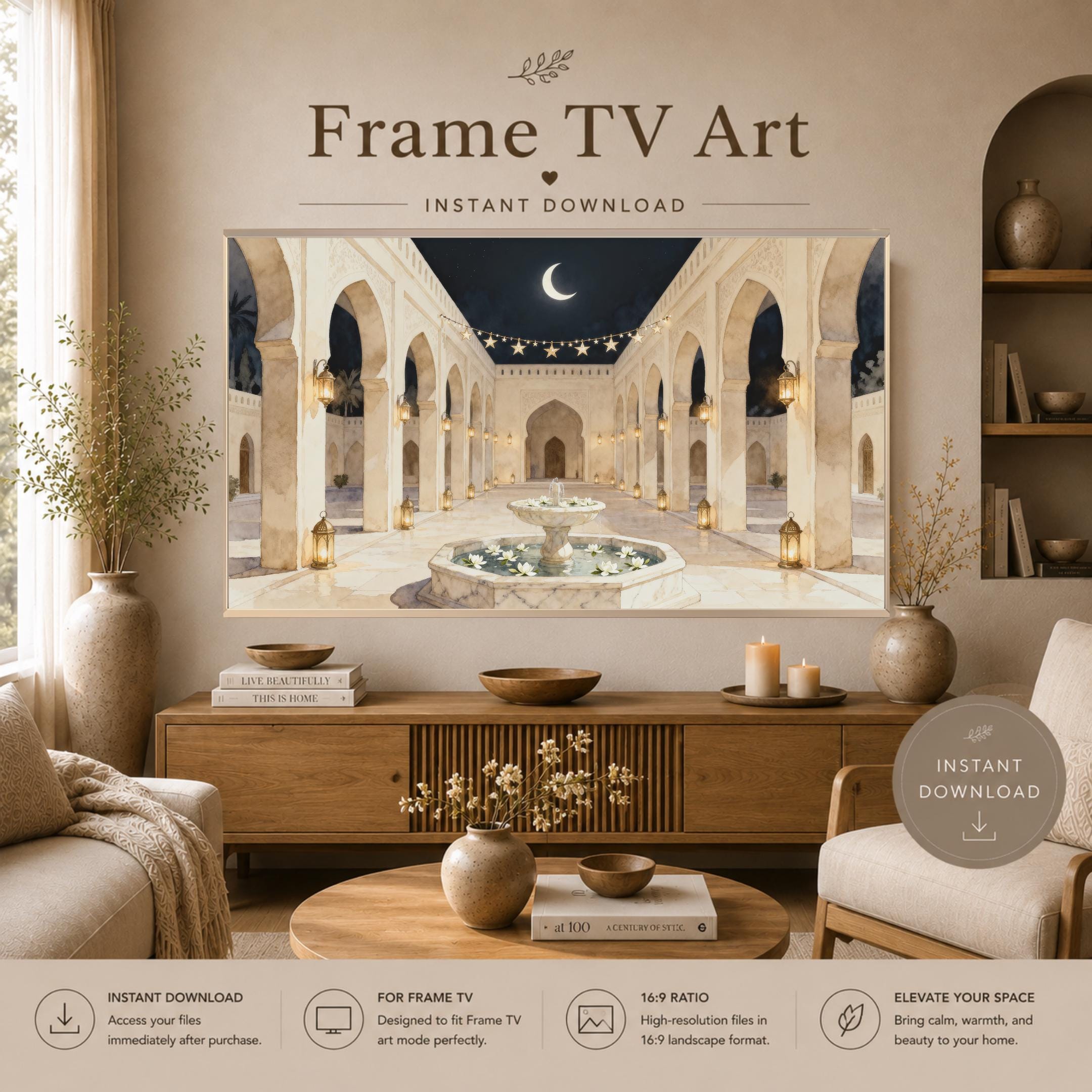 Islamic Courtyard Night Frame TV Art | Crescent Moon Lantern Glow (Digital Download) — image 2