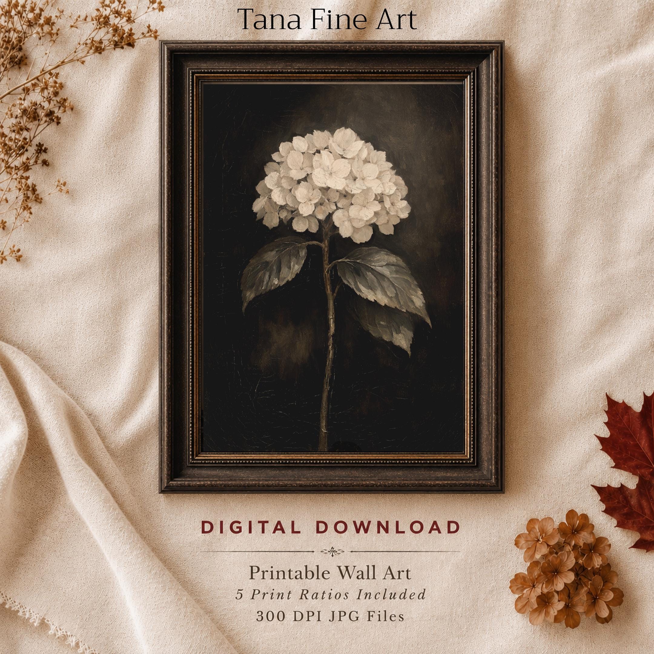Moody White Hydrangea Art Printable | Vintage Botanical Prints | Vintage Paintings (Digital Download)