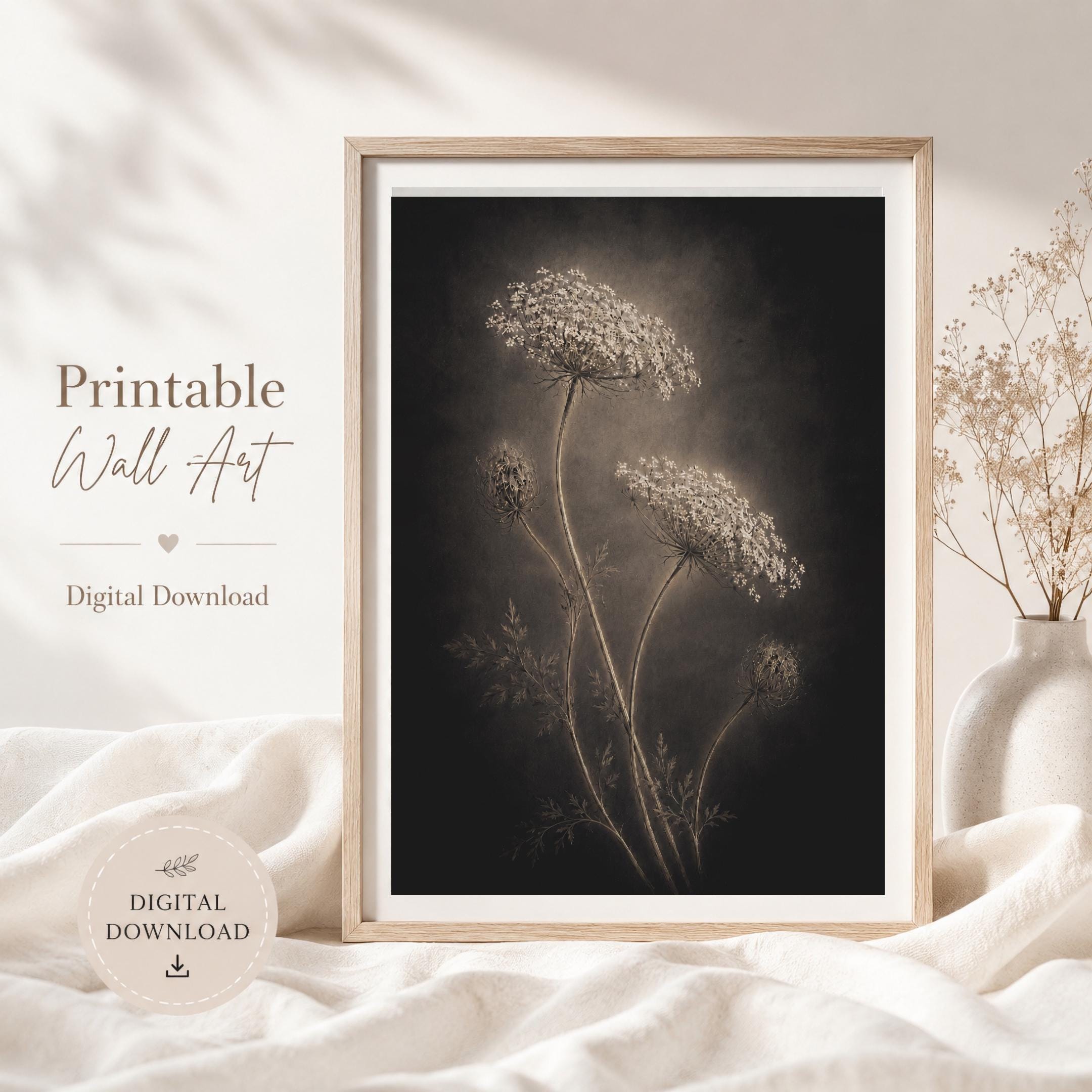 Queen Annes Lace Wall Art, Dark Floral Still Life, Moody Botanical Prints (Digital Download) — image 6