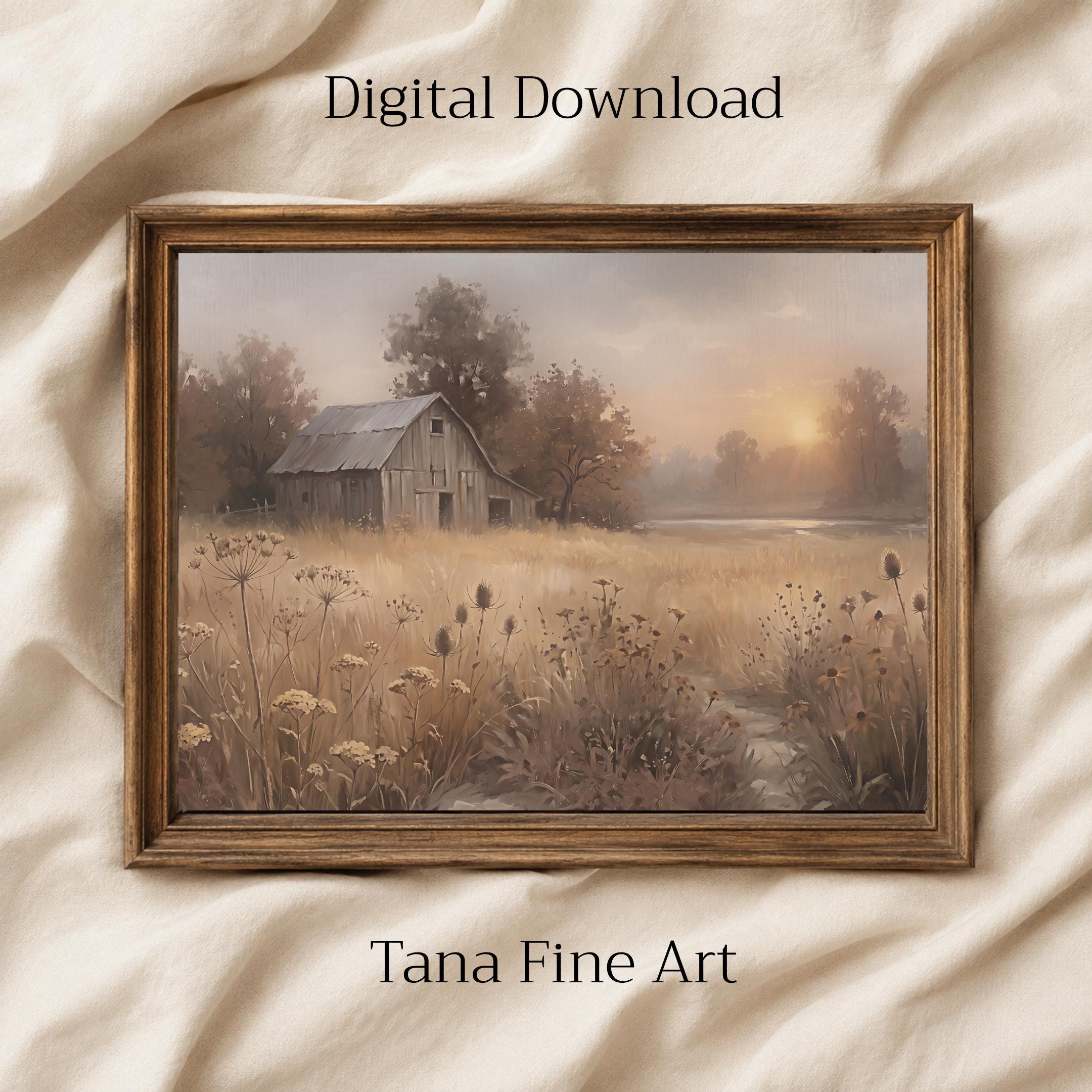 Fall Barn Wall Art, Rustic Autumn Meadow Landscape Print, Pastoral Farmhouse Decor (Digital Download)